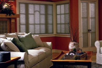 Modelo de sala de estar cerrada grande con paredes rojas y suelo de madera clara