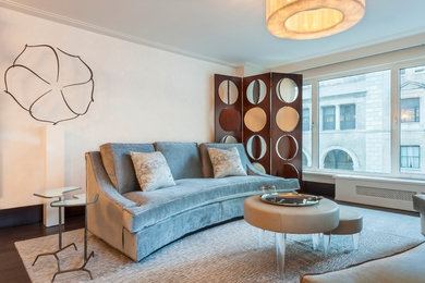 Mid-sized trendy open concept dark wood floor and brown floor family room photo in New York with beige walls