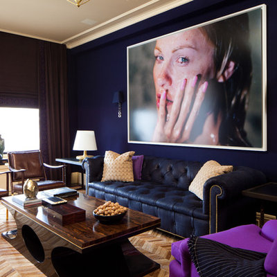 Inspiration for a contemporary family room remodel in New York with blue walls