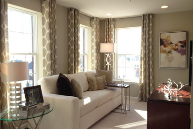 Example of a transitional enclosed carpeted family room design in DC Metro with brown walls and a wall-mounted tv