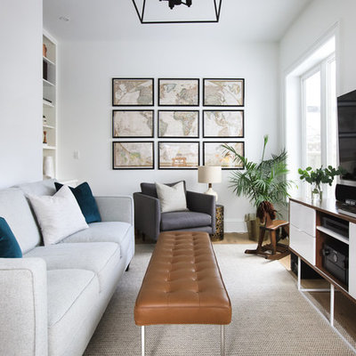 Small transitional open concept light wood floor and brown floor family room photo in Toronto with white walls, no fireplace and a wall-mounted tv
