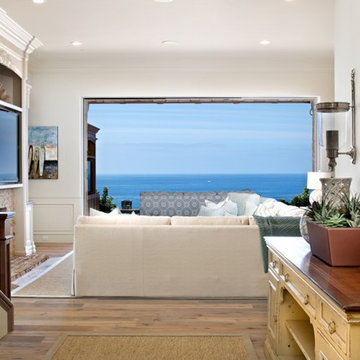 Clean Family Room Design with an Ocean View