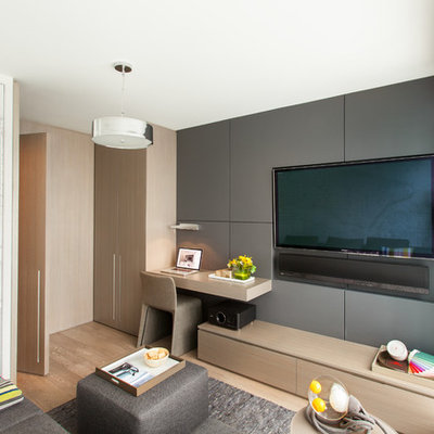 Small trendy enclosed light wood floor family room photo in Vancouver with gray walls and a media wall