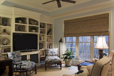 Beach style family room photo in Charlotte with a media wall and blue walls