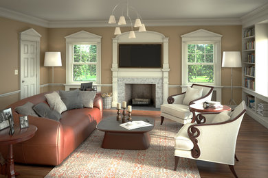 Example of a classic family room design in New York with a wood fireplace surround