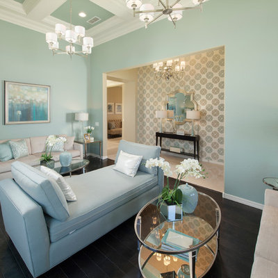 Elegant family room photo in Phoenix with blue walls and no tv