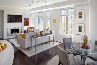 Example of a mid-sized trendy open concept dark wood floor and brown floor family room design in DC Metro with gray walls, a standard fireplace, a metal fireplace and a wall-mounted tv