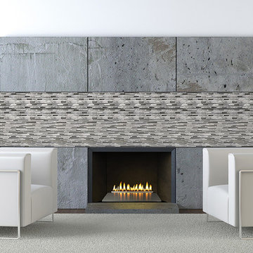 Contemporary Family Room Fireplace Mantle with City Lights Collection Linear Til