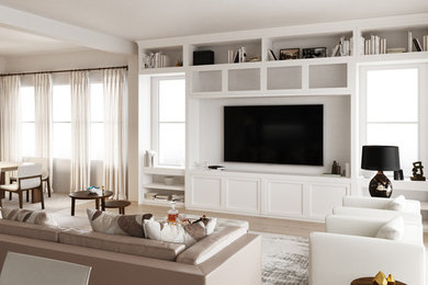 Modelo de sala de estar cerrada contemporánea de tamaño medio con paredes blancas, suelo de madera clara, pared multimedia y suelo beige