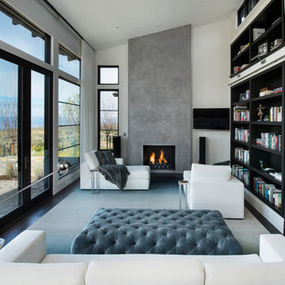 Immagine di un soggiorno minimal di medie dimensioni e aperto con libreria, pareti bianche, camino classico, cornice del camino in cemento, TV a parete, parquet scuro e pavimento marrone