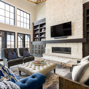 Example of a large transitional open concept light wood floor and brown floor family room design in Salt Lake City with beige walls, a stone fireplace, a wall-mounted tv and a ribbon fireplace