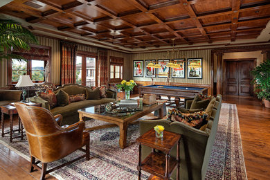 Classic enclosed games room in Los Angeles with multi-coloured walls and dark hardwood flooring.