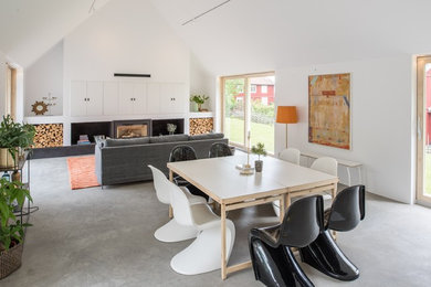 Example of a mid-century modern open concept concrete floor and gray floor family room design in Stockholm with a ribbon fireplace and a metal fireplace