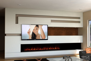 Inspiration for a contemporary games room in Phoenix with white walls, travertine flooring, a ribbon fireplace, a metal fireplace surround and a built-in media unit.