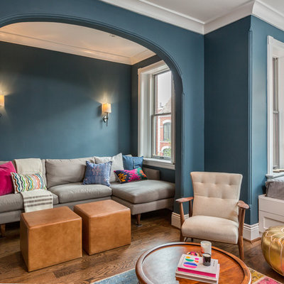 Inspiration for an eclectic dark wood floor family room remodel in DC Metro with blue walls
