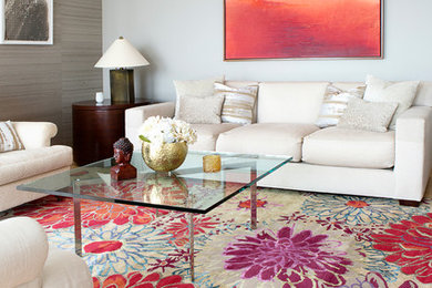 Mid-sized minimalist enclosed carpeted family room photo in New York with gray walls, no fireplace and no tv