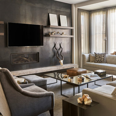 Family room - large transitional open concept family room idea in Chicago with gray walls, a standard fireplace, a metal fireplace and a wall-mounted tv