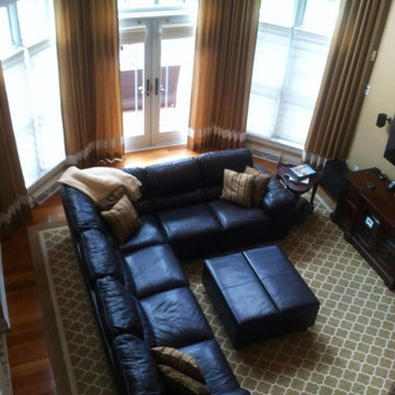 Dr. Gabe, Family Room, after; New beams, window Treatments, Ceiling Fan and Pain