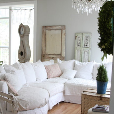 Cottage chic medium tone wood floor family room photo in Other with gray walls