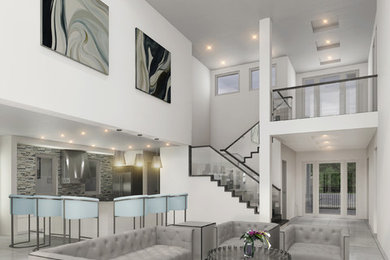 Inspiration for a modern porcelain tile family room remodel in Miami with white walls