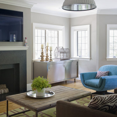 Elegant medium tone wood floor family room photo in Boston with gray walls and a wall-mounted tv