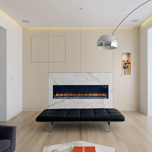 Cette image montre une salle de séjour minimaliste avec une cheminée ribbon, un manteau de cheminée en pierre, un mur multicolore, un sol en bois clair et un sol beige.