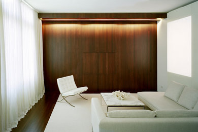 Cette image montre un salon minimaliste avec un mur blanc.
