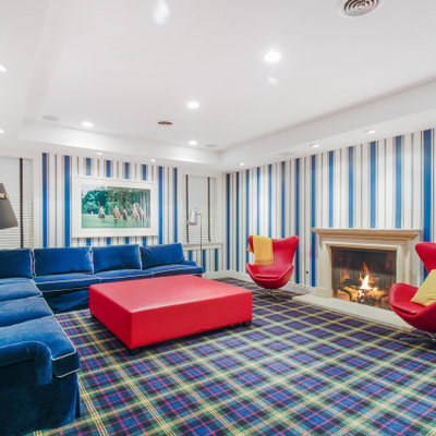 Inspiration for a timeless carpeted and multicolored floor family room remodel in Chicago with multicolored walls and a standard fireplace