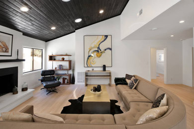 ロサンゼルスにある高級な広いミッドセンチュリースタイルのおしゃれなファミリールーム (白い壁、淡色無垢フローリング、標準型暖炉、石材の暖炉まわり、塗装板張りの天井) の写真