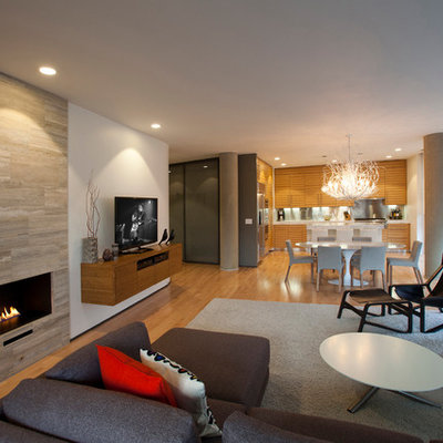 Inspiration for a contemporary open concept medium tone wood floor family room remodel in Cincinnati with a ribbon fireplace, a stone fireplace and a tv stand