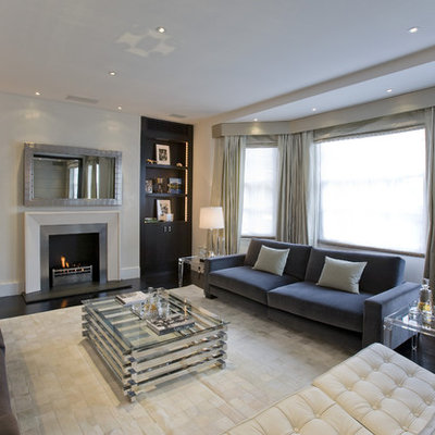 Mid-sized trendy open concept dark wood floor and brown floor family room photo in DC Metro with a standard fireplace and a metal fireplace