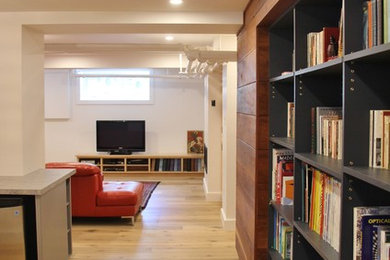 Cette image montre une salle de séjour design avec parquet clair et une cheminée standard.