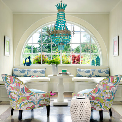 Family room - eclectic enclosed family room idea in Providence with beige walls and no tv