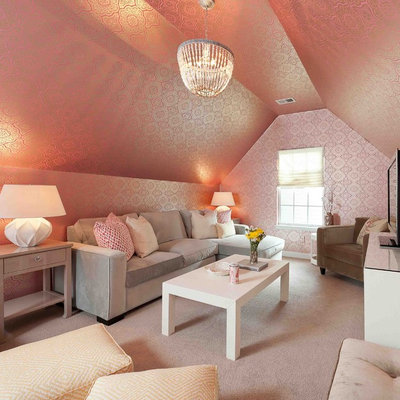 Transitional family room photo in DC Metro with pink walls
