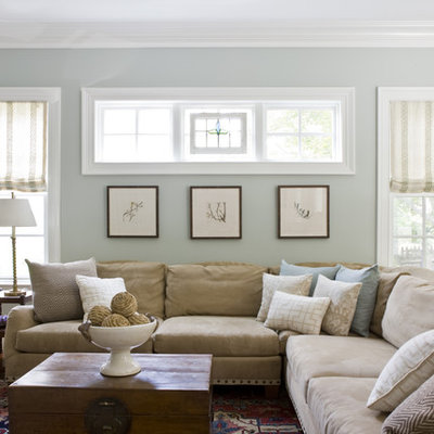 Elegant enclosed carpeted family room photo in DC Metro with blue walls, no fireplace and no tv
