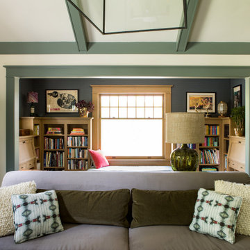 Family Room looking into Library of a historic Craftsman residence in Santa Moni