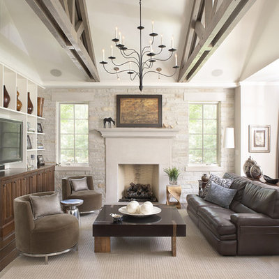 Elegant dark wood floor family room photo in Chicago with beige walls, a standard fireplace and a tv stand