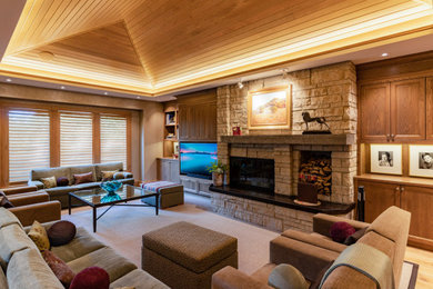 オマハにあるトランジショナルスタイルのおしゃれなファミリールーム (茶色い壁、カーペット敷き、標準型暖炉、積石の暖炉まわり、グレーの床、三角天井、板張り天井) の写真