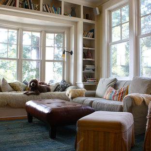 Family room library - traditional family room library idea in San Francisco with beige walls