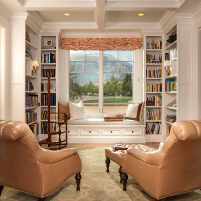 Mid-sized elegant enclosed medium tone wood floor and brown floor family room library photo in Salt Lake City with no fireplace