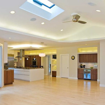 Family room w/ vaulted ceiling skylight opens to kitchen remodel Bay Area