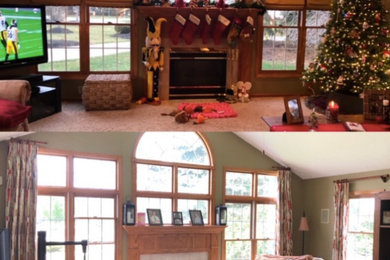 Example of a large transitional open concept carpeted and vaulted ceiling family room design in Cleveland