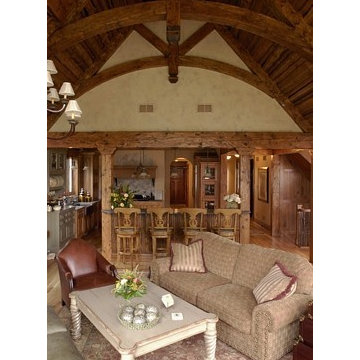 Family Room with Cathedral Ceiling and Stained Beams