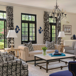 Large trendy enclosed dark wood floor and brown floor family room photo in St Louis with a standard fireplace, a stone fireplace, a wall-mounted tv and white walls