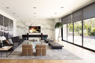 Example of a minimalist family room design in Minneapolis