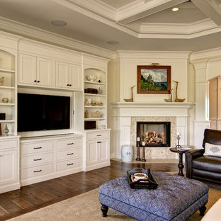 Inspiration for a timeless family room remodel in Other with a corner fireplace and a tile fireplace