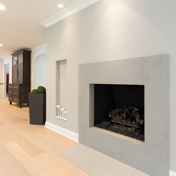 Fireplace surround framed with stone with a hearth that disappears into he floor