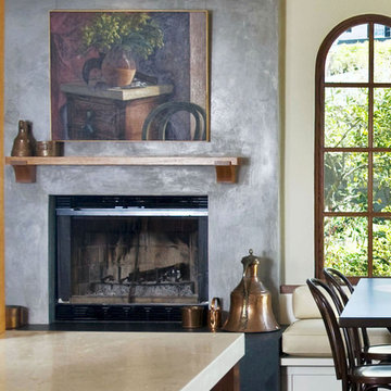Fireplace with hearth and custom banquette
