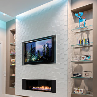 Huge trendy open concept porcelain tile family room photo in Miami with white walls, a ribbon fireplace, a tile fireplace and a wall-mounted tv