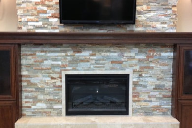 Flagstone tile on fireplace walls.